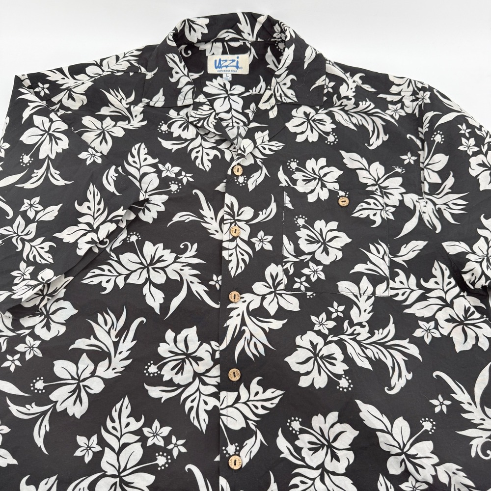 Uzzi‎ Amphibious Gear Camp Shirt Mens L Black White Hibiscus Floral Aloha  HP16